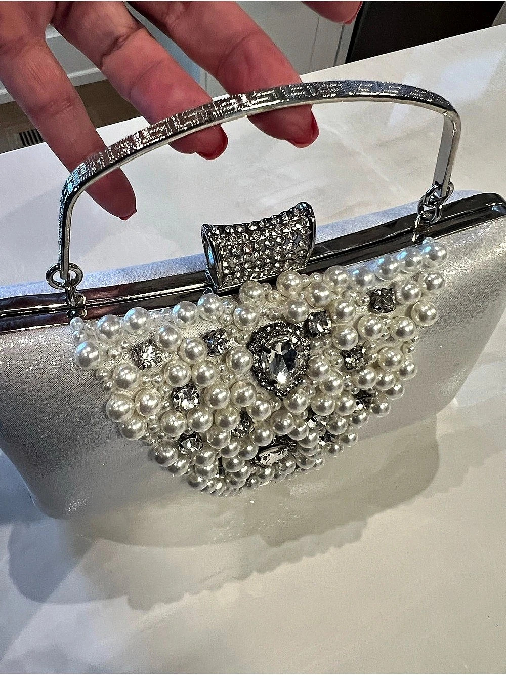 Pearl Embellished Silver Clutch NWT